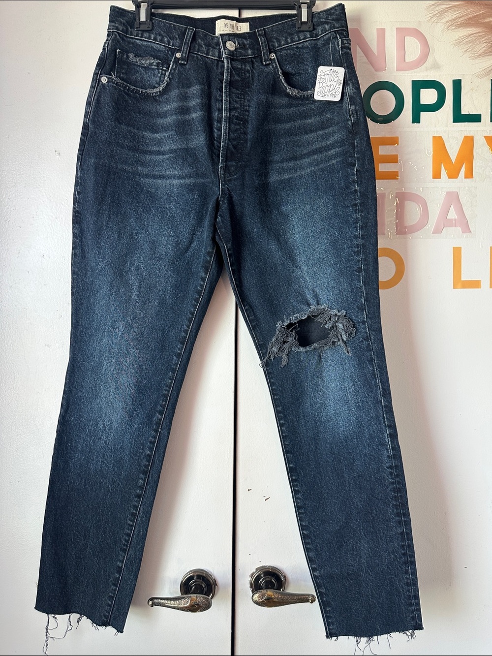 We The Free Dark Blue Straight-Leg Ripped Jeans